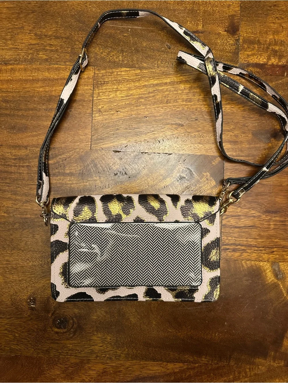 Leopard Print Crossbody Clutch - Taupe with Black & gold Accents